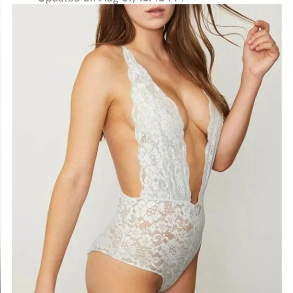 NWT Free People X HAH Comin in Haht Lace Bodysuit Small Something Blue Bride